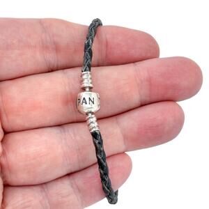 Pandora Black Leather Corded Charm Bracelet | Vintage Sterling Silver 7.5"